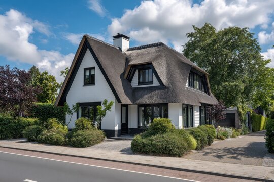 A charming house adorned with a thatched roof and a vibrant garden stands proudly on the street, all beneath a cloudy sky during daylight hours