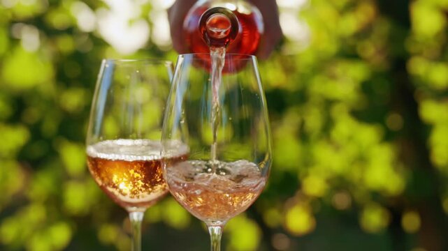 Pouring rose wine into glasses in a vineyard between rows on a sunny day