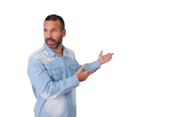 Man presenting information and gesturing with open hands, showing copy space on transparent background