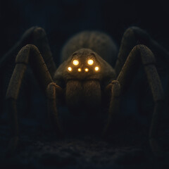 Giant spider with glowing eyes in dark spooky night background.