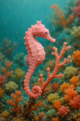Pink seahorse on colorful coral reef in clear blue ocean water.