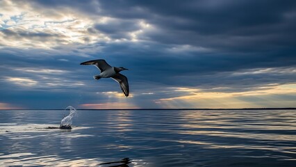 Coastal tranquility unfolds as a majestic bird soars under a dramatic sky, while a serene heron graces the reflective waters at sunset