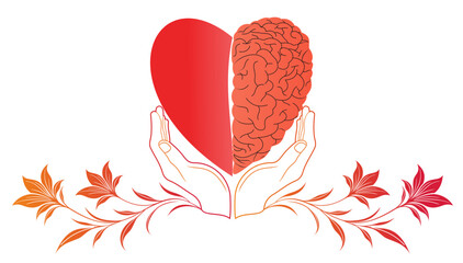 Illustration of a half-human brain and a heart-shaped logo icon in two hands and floral botanicals. Concept of a psychologically divided love logo symbol template. Vector illustration.