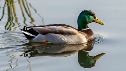 Obraz premium Vibrant Male Mallard Duck Gracefully Gliding on Calm Water, Its Colorful Plumage Mirrored in a Serene Nature Scene