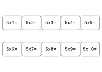 Multiplication and division table of 5. Maths card with an example, drawing. Multiplication Square, vector illustration. Printed products, banner, table for children, schoolchildren. School education.