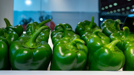 Tri colour pepper selling in super market. Placed with peppers in a market in Antalya Turkey. A top view close up of yellow and red bell peppers. The bell pepper is the fruit of plants in the Grossum