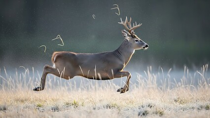 Majestic buck in full stride, gracefully leaping across a sun-kissed field at dawn, embodying power and wild freedom