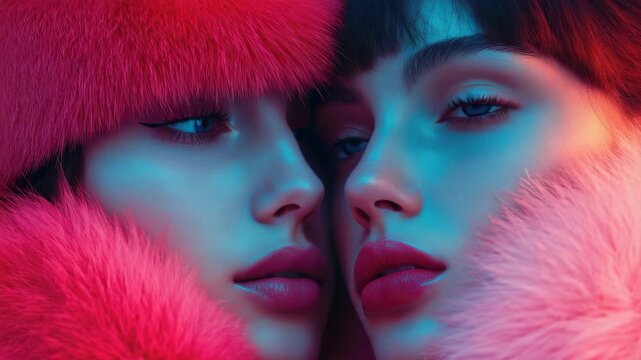 High-contrast featuring two faces against a bold background of pink fur with a touch of blue tones