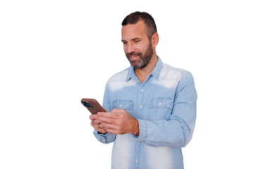Man smiling while interacting with smartphone, browsing mobile app, social media, online communication on transparent background