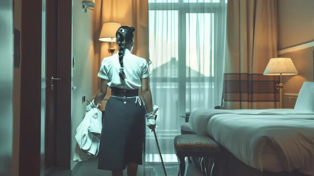 A hotel maid in a uniform cleaning rooms in the daylight with windows open.