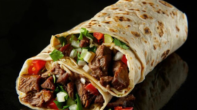 A deliciously prepared steak burrito with vibrant red onions and fresh cilantro.