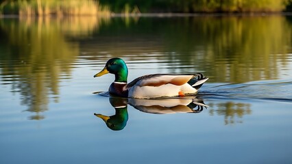 A serene mallard duck glides gracefully across a calm lake, its vibrant plumage reflecting in the still water