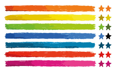 Obraz premium Zestaw kolorowych, kreskowanych pasków i gwiazdek na białym tle, idealne do projektowania graficznego.