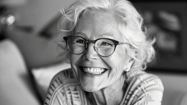 This is an of a happy elderly woman wearing glasses and smiling brightly at the camera. She appears engaged and pleased, perhaps enjoying a social event or family gathering