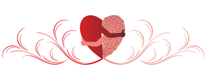 Illustration of a half-heart and brain. A brain in the shape of a heart held in a hand. Vector illustration icon, isolated on a white background. Success concept.