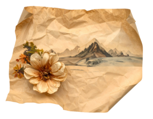 Crinkled paper with dried flower and painted mountain landscape