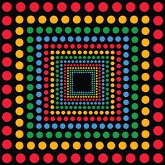 Visual effect created by squares of bright red, yellow, green and blue circles on a black background, getting progressively smaller