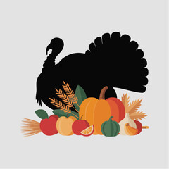 Black silhouette of turkey and harvest elements for autumn