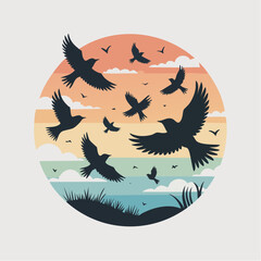 Minimal silhouette of birds flying in summer sky.
