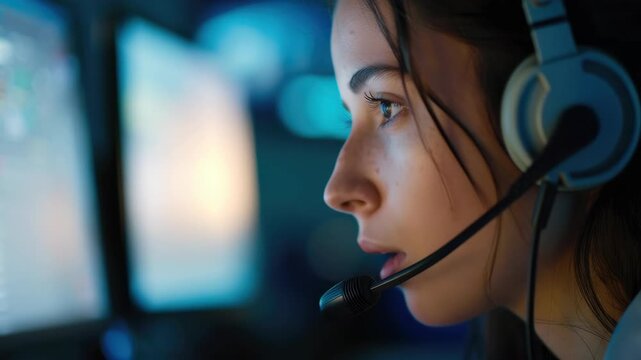 A focused female pilot seated inside the cockpit of an aircraft with multiple screens and controls. She is wearing a headset and appears to be monitoring flight information or speaking to the crew.