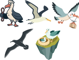 Naklejka premium Albatross seabirds flying soaring nesting and fishing set