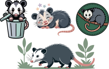Opossum cute poses with trash can playing dead and baby in pouch