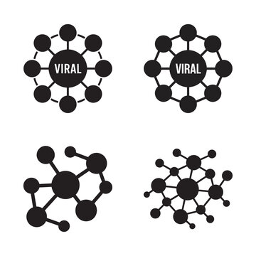 Four black and white icons illustrating viral network connections and data spread