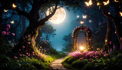 Naklejka premium Fantasy forest path with glowing butterflies, full moon, floral arch, and lanterns at night