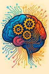 Human brain with gears and circuit board lines for artificial intelligence and creative thinking concept