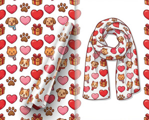 Valentine love romantic cosy affection cute adorable soft animal pet pattern with hearts gift box paw print and dog cat faces on white background for textile design Pet Valentine concept