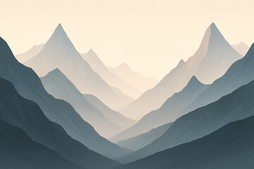 Minimalist mountain range landscape in misty blue and beige watercolor style.