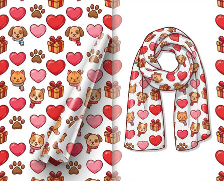 Valentine love romantic cosy affection cute adorable soft animal pet pattern with hearts gift box paw print and dog cat faces on white background for textile design Pet Valentine concept - Powered by Adobe