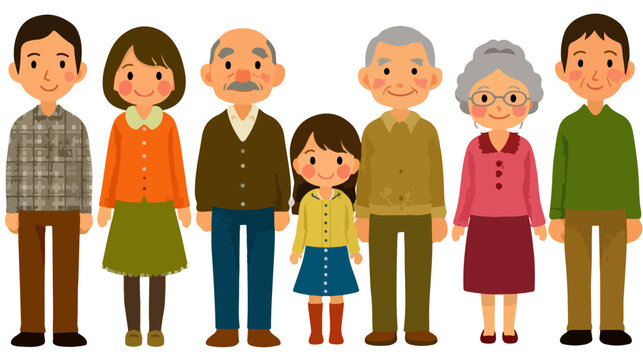 Illustrazione vettoriale di una famiglia multigenerazionale giapponese in piedi con sfondo trasparente.