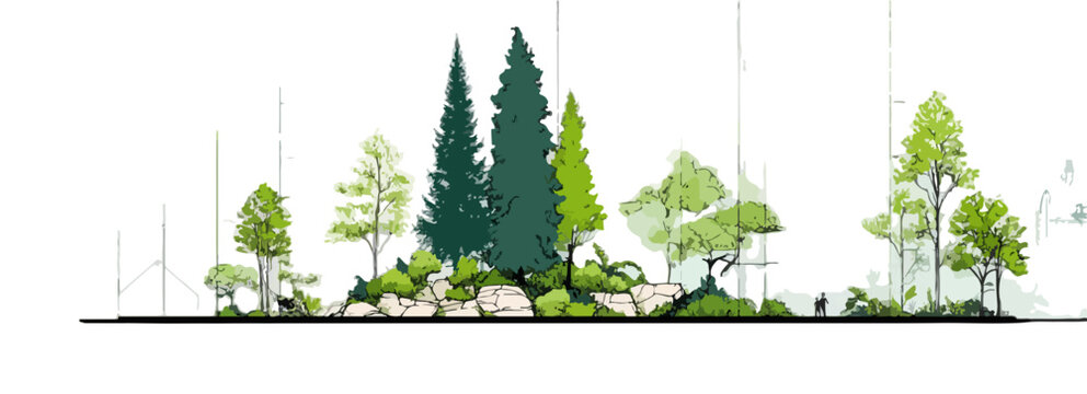 Illustrazione vettoriale di alberi e vegetazione su sfondo trasparente, sezione paesaggistica stilizzata.