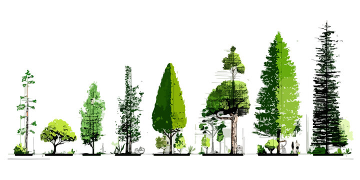Illustrazione vettoriale di diverse specie di alberi stilizzati con sfondo trasparente per progetti grafici.