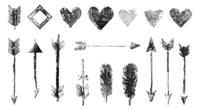Set di icone tribali disegnate a mano: frecce, piume e cuori con texture grunge su sfondo trasparente.