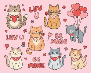 Valentine love romantic cute adorable cats with soft fur and cosy affection shown by pet animals holding hearts and balloons in sweet affectionate design Pet Valentine concept
