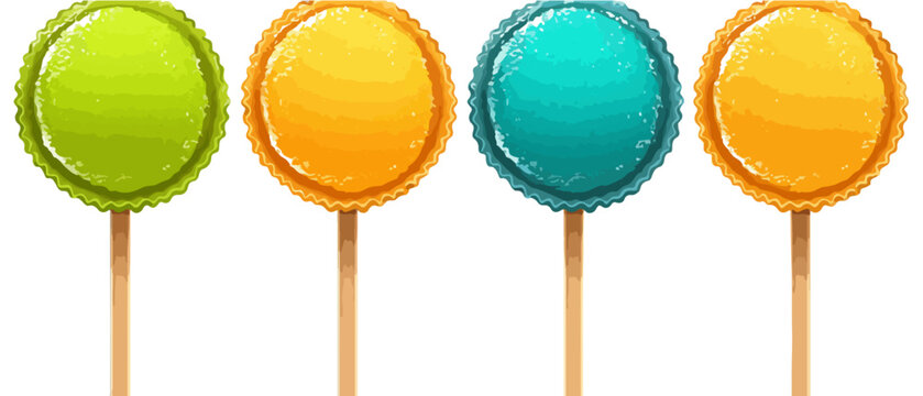 Quattro lecca-lecca rotondi colorati, verde, arancione e turchese, isolati su sfondo bianco.