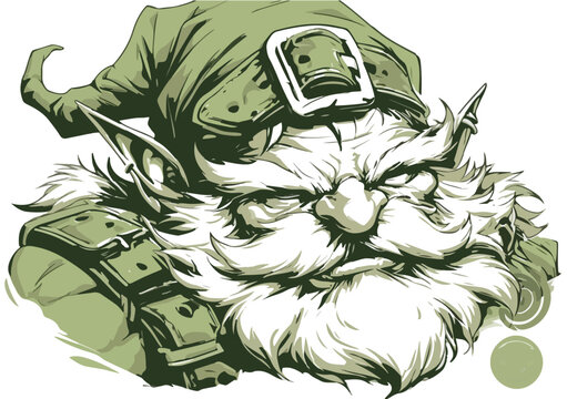 Ritratto monocromatico di un gnomo barbuto e burbero con cappello, illustrazione vettoriale su sfondo trasparente.