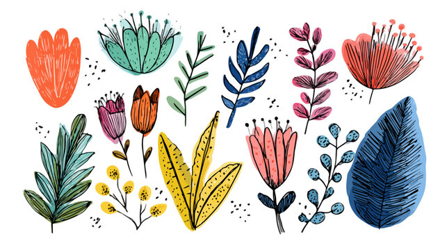 Illustrazione botanica stilizzata con fiori e foglie disegnate a mano su sfondo trasparente per design.