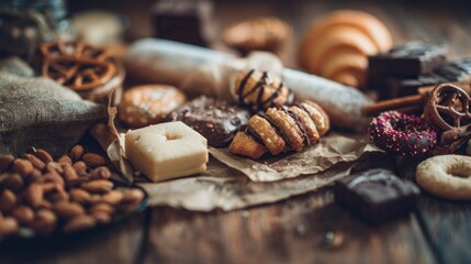 Rustic sweets assortment with almonds, pretzels, cookies, and brownies on aged wood