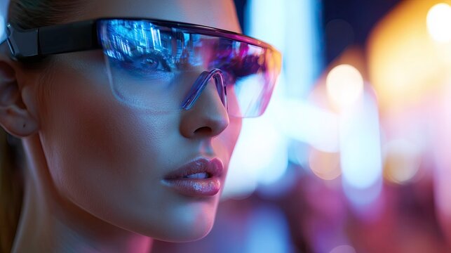 Young woman wearing futuristic glasses with neon background   - Powered by Adobe