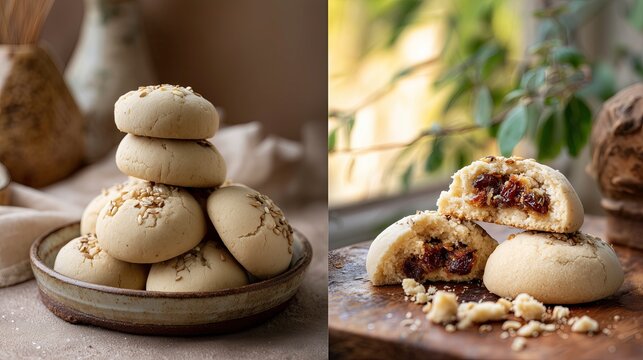 Iraqi kle cookies stacked on plate with some broken on wooden board  