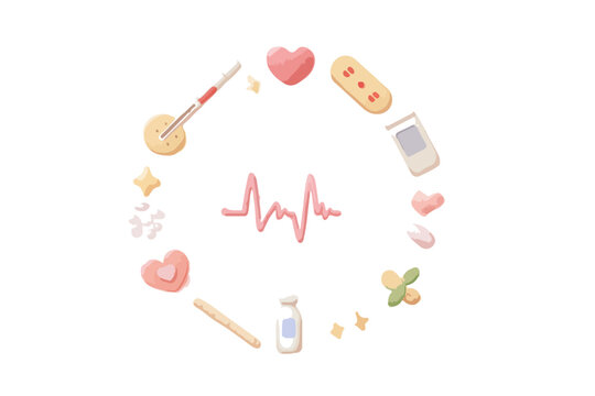 Illustrazione vettoriale di elementi medici e sanitari in stile kawaii, disposti in cerchio con elettrocardiogramma al centro.
