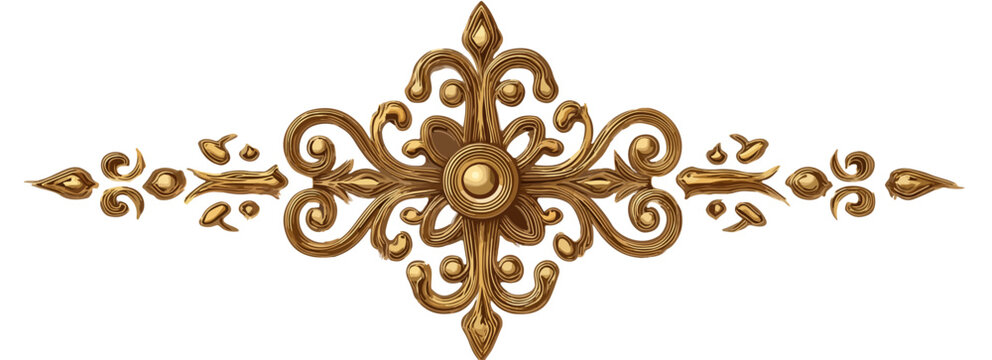 Elemento decorativo barocco dorato, ornamento floreale stilizzato con sfondo trasparente per design.