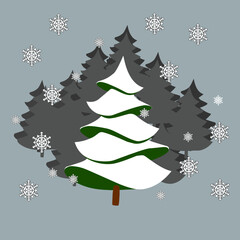An illustration for your design. A snow-covered Christmas tree against a cloudy background during inclement winter weather.
