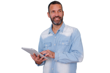 Smiling man working on digital tablet, managing business with modern technology, casual professional looking away, transparent background