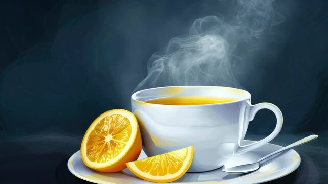 A warm drink of tea with freshly squeezed oranges for added zest and brightness to the scene. The steam rising from the teacup adds a touch of tranquility.