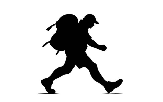 Silhouette nera di escursionista o viaggiatore con grande zaino in cammino su sfondo trasparente.