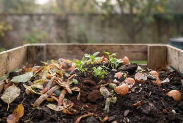 Organic Compost Heap with Vegetable Scraps and Damp Soil in Soft Morning Light